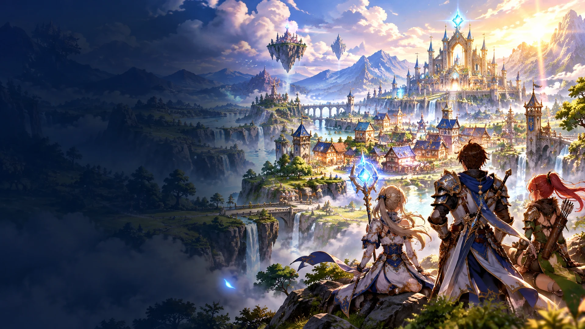 Original fantasy world artwork with a castle and adventurers